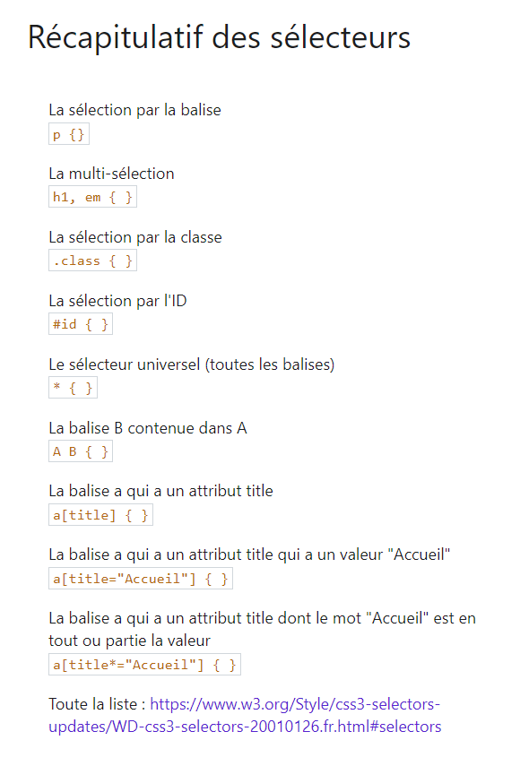 Récapitulatif selecteur